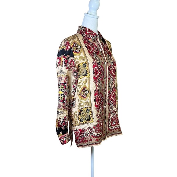 DANA BUCHMAN Paisley 100% Silk Button-up Top Red Gold Festive VTG Sz 6 Petite - Picture 3 of 10